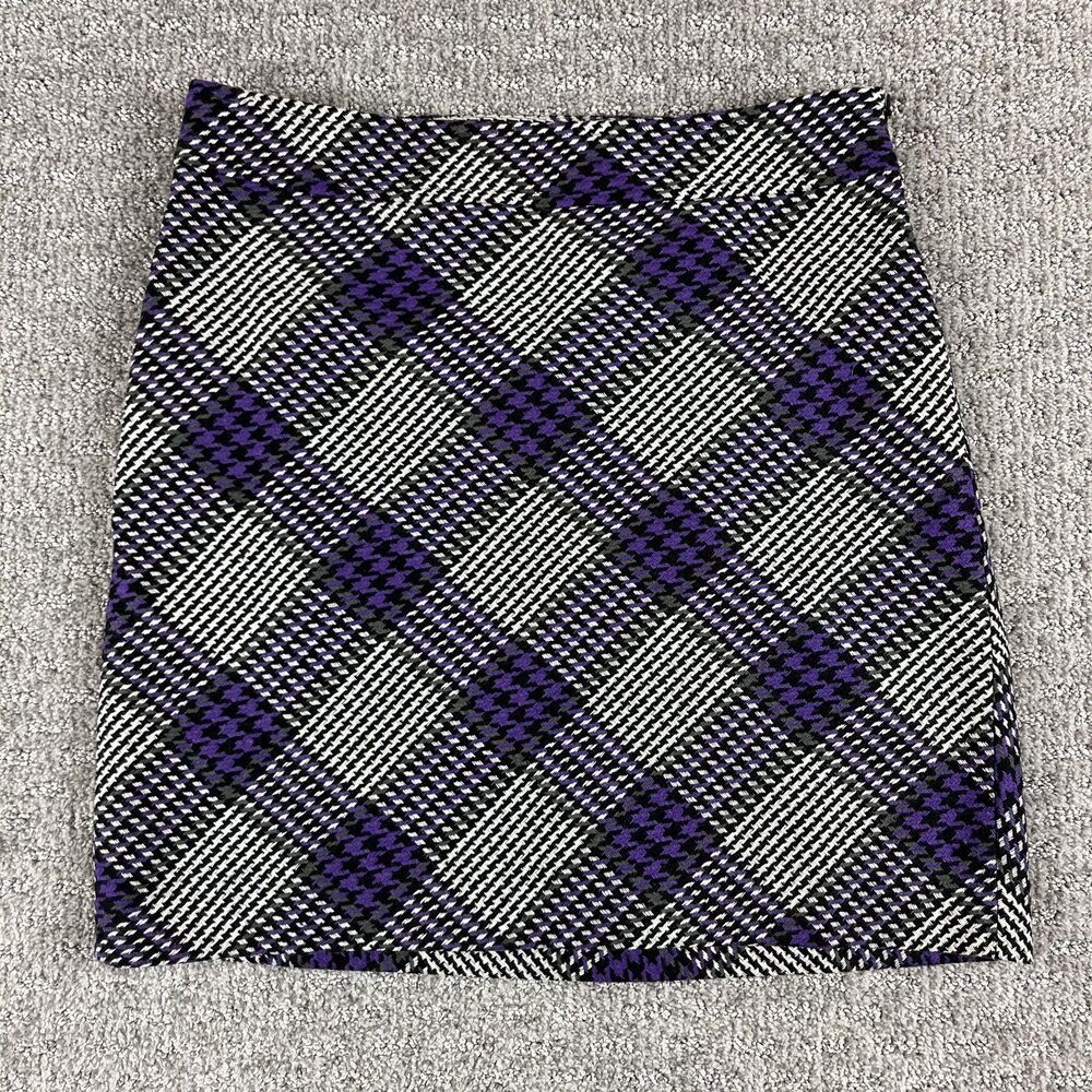 Ann Taylor Loft Skirt Womens 6 Petite Purple Black White Plaid Wool Blend Preppy